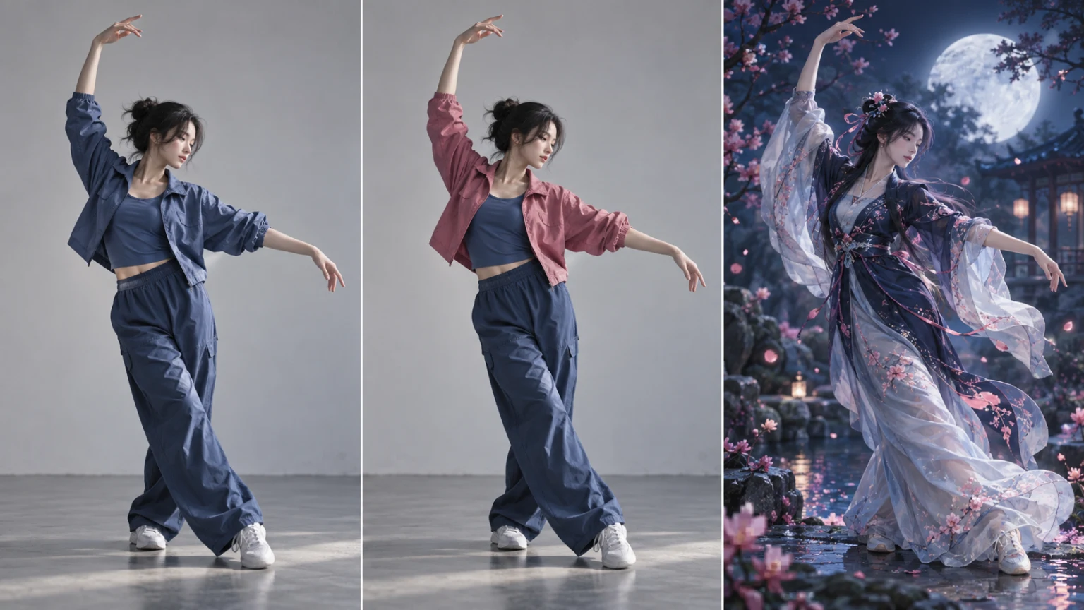 Concept illustration of a dancer in an original studio shot, an outfit edit, and a reconstructed moonlit scene with the same pose.