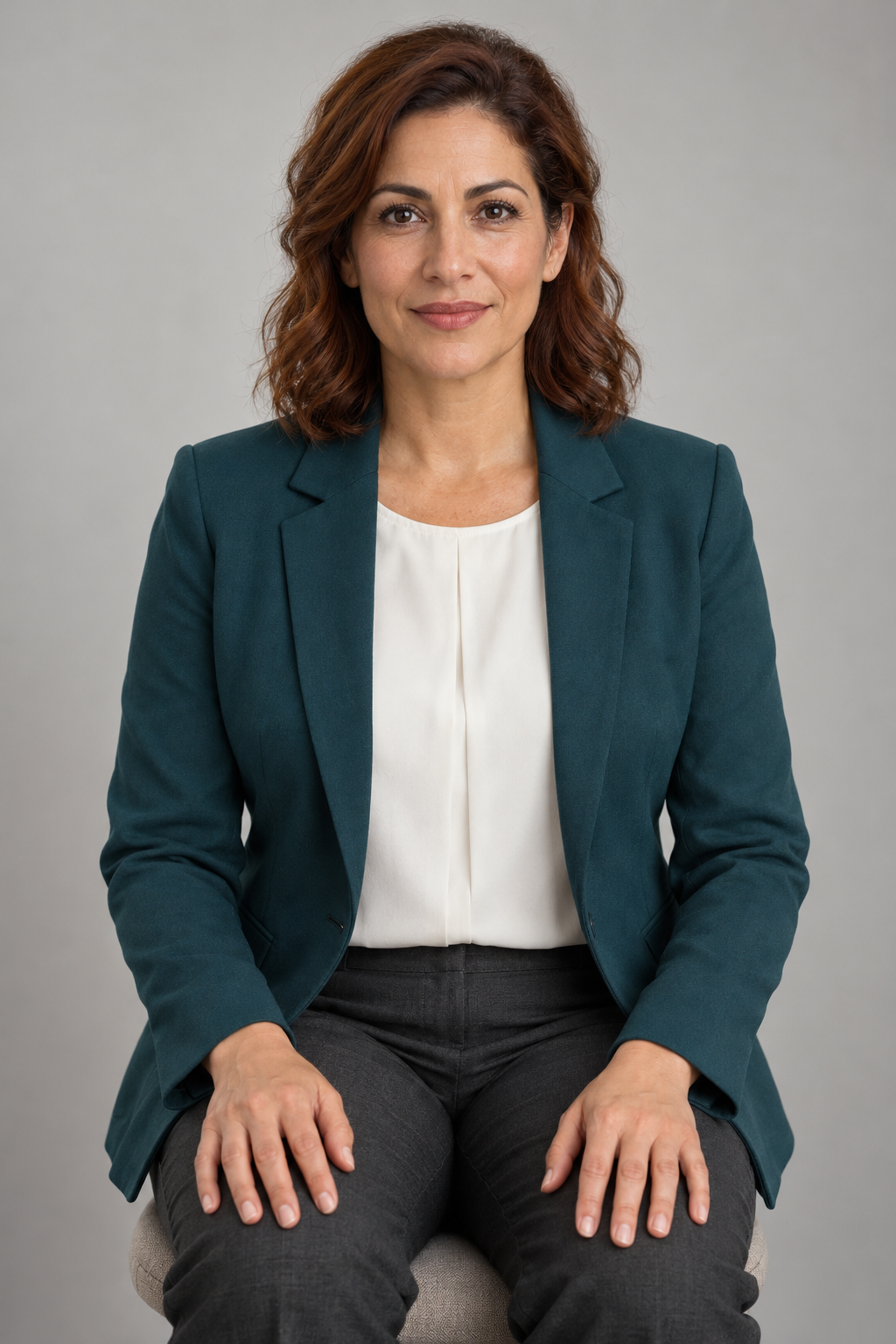 Character reference: a seated woman wearing a green blazer and white top.